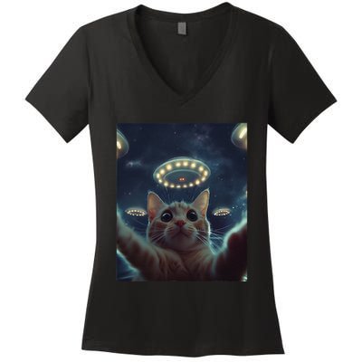 Cat Selfie With Ufos Aliens Kitten Funny Women's V-Neck T-Shirt