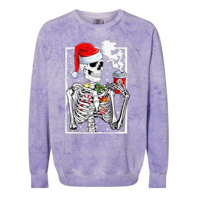 Christmas Skeleton With Smiling Skull Drinking Coffee Latte Colorblast Crewneck Sweatshirt