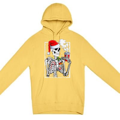 Christmas Skeleton With Smiling Skull Drinking Coffee Latte Premium Pullover Hoodie