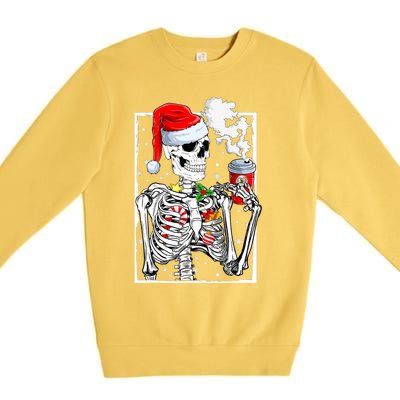 Christmas Skeleton With Smiling Skull Drinking Coffee Latte Premium Crewneck Sweatshirt