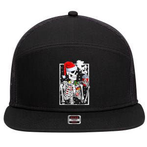 Christmas Skeleton With Smiling Skull Drinking Coffee Latte 7 Panel Mesh Trucker Snapback Hat