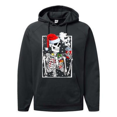 Christmas Skeleton With Smiling Skull Drinking Coffee Latte Performance Fleece Hoodie