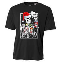 Christmas Skeleton With Smiling Skull Drinking Coffee Latte Cooling Performance Crew T-Shirt