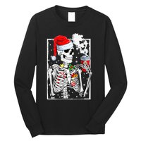 Christmas Skeleton With Smiling Skull Drinking Coffee Latte Long Sleeve Shirt