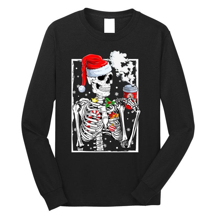 Christmas Skeleton With Smiling Skull Drinking Coffee Latte Long Sleeve Shirt