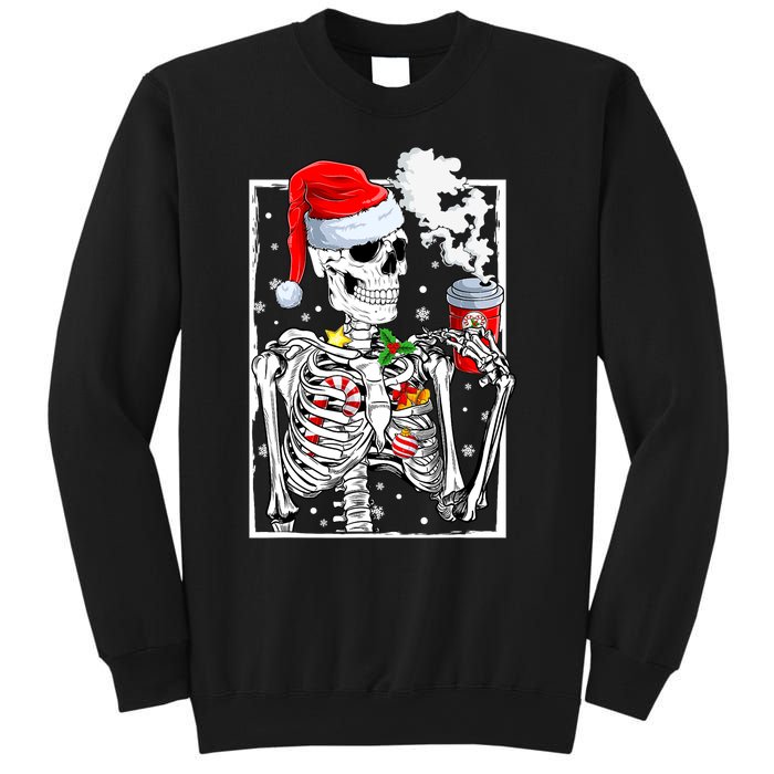 Christmas Skeleton With Smiling Skull Drinking Coffee Latte Sweatshirt