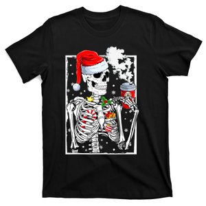 Christmas Skeleton With Smiling Skull Drinking Coffee Latte T-Shirt