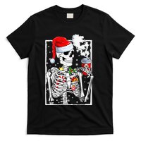 Christmas Skeleton With Smiling Skull Drinking Coffee Latte T-Shirt