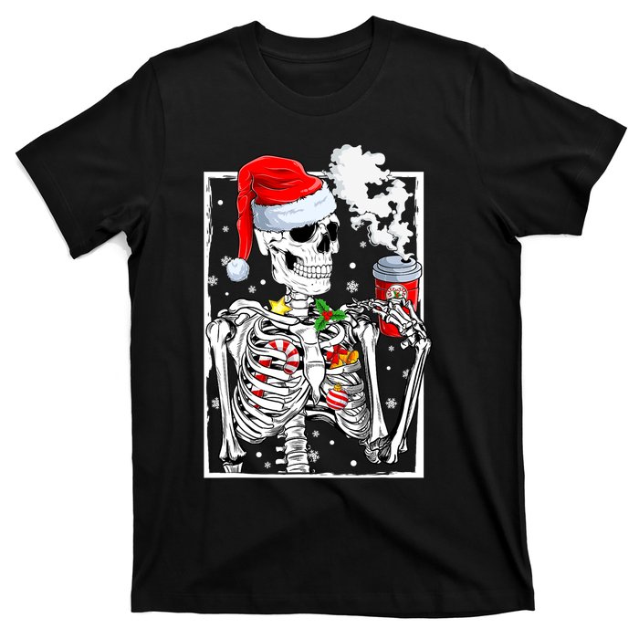 Christmas Skeleton With Smiling Skull Drinking Coffee Latte T-Shirt