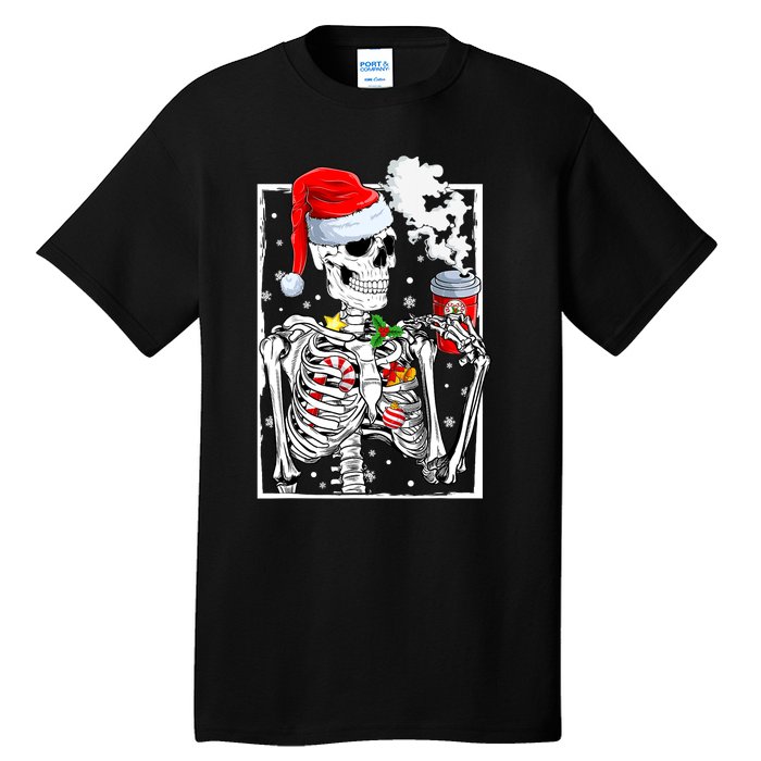 Christmas Skeleton With Smiling Skull Drinking Coffee Latte Tall T-Shirt