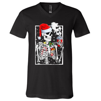 Christmas Skeleton With Smiling Skull Drinking Coffee Latte V-Neck T-Shirt