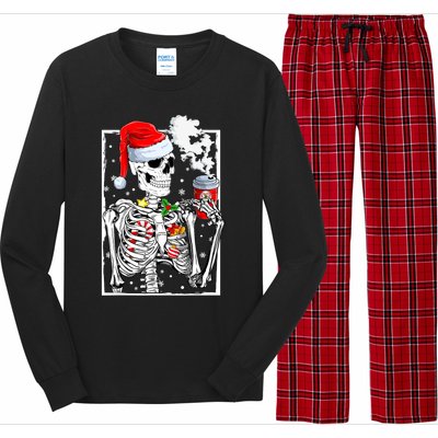 Christmas Skeleton With Smiling Skull Drinking Coffee Latte Long Sleeve Pajama Set