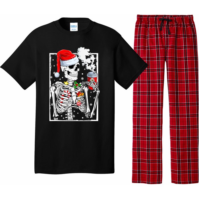 Christmas Skeleton With Smiling Skull Drinking Coffee Latte Pajama Set