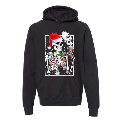 Christmas Skeleton With Smiling Skull Drinking Coffee Latte Premium Hoodie