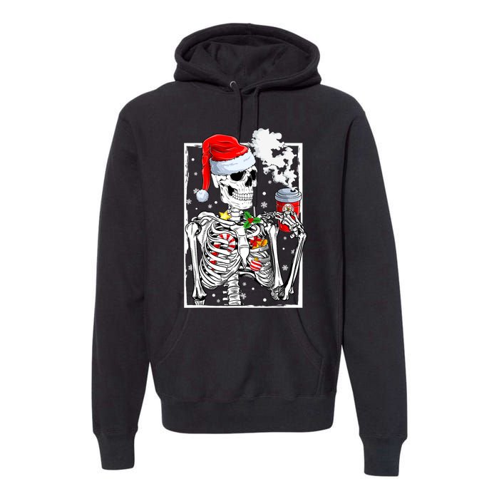 Christmas Skeleton With Smiling Skull Drinking Coffee Latte Premium Hoodie