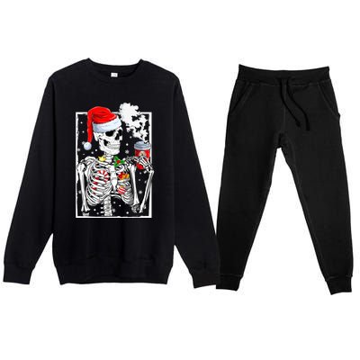 Christmas Skeleton With Smiling Skull Drinking Coffee Latte Premium Crewneck Sweatsuit Set