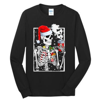 Christmas Skeleton With Smiling Skull Drinking Coffee Latte Tall Long Sleeve T-Shirt