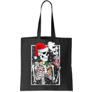 Christmas Skeleton With Smiling Skull Drinking Coffee Latte Tote Bag