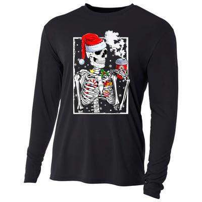 Christmas Skeleton With Smiling Skull Drinking Coffee Latte Cooling Performance Long Sleeve Crew