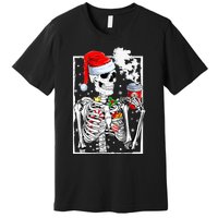 Christmas Skeleton With Smiling Skull Drinking Coffee Latte Premium T-Shirt