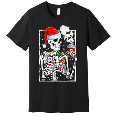 Christmas Skeleton With Smiling Skull Drinking Coffee Latte Premium T-Shirt