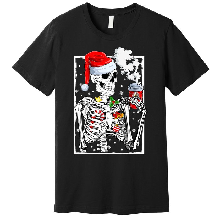 Christmas Skeleton With Smiling Skull Drinking Coffee Latte Premium T-Shirt