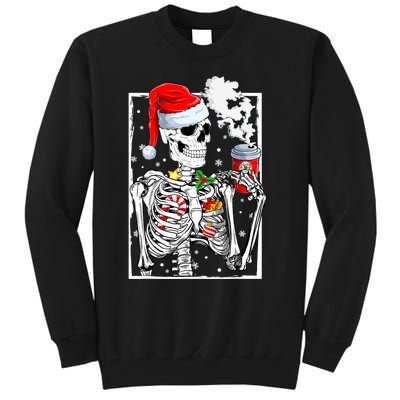 Christmas Skeleton With Smiling Skull Drinking Coffee Latte Tall Sweatshirt