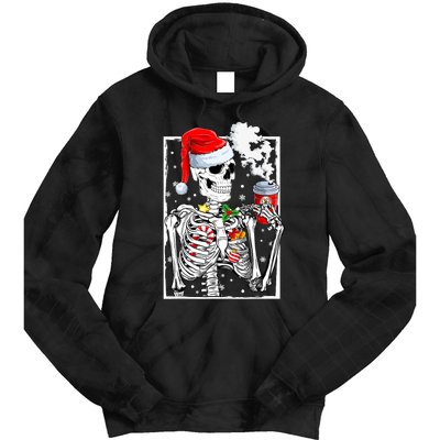 Christmas Skeleton With Smiling Skull Drinking Coffee Latte Tie Dye Hoodie