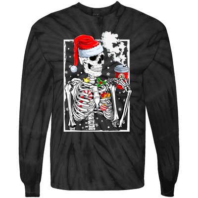 Christmas Skeleton With Smiling Skull Drinking Coffee Latte Tie-Dye Long Sleeve Shirt