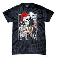 Christmas Skeleton With Smiling Skull Drinking Coffee Latte Tie-Dye T-Shirt