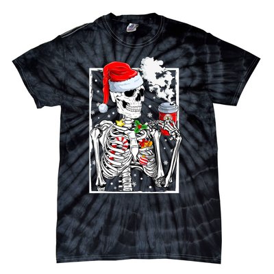 Christmas Skeleton With Smiling Skull Drinking Coffee Latte Tie-Dye T-Shirt