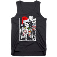 Christmas Skeleton With Smiling Skull Drinking Coffee Latte Tank Top