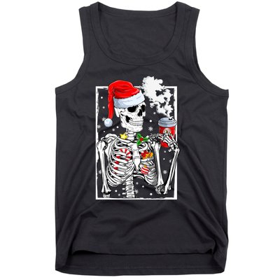 Christmas Skeleton With Smiling Skull Drinking Coffee Latte Tank Top