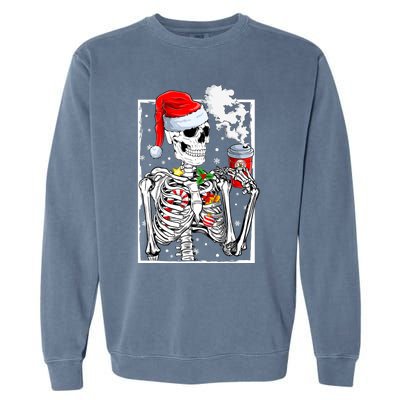 Christmas Skeleton With Smiling Skull Drinking Coffee Latte Garment-Dyed Sweatshirt