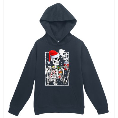 Christmas Skeleton With Smiling Skull Drinking Coffee Latte Urban Pullover Hoodie