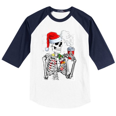 Christmas Skeleton With Smiling Skull Drinking Coffee Latte Baseball Sleeve Shirt