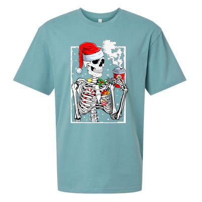 Christmas Skeleton With Smiling Skull Drinking Coffee Latte Sueded Cloud Jersey T-Shirt