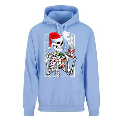 Christmas Skeleton With Smiling Skull Drinking Coffee Latte Unisex Surf Hoodie