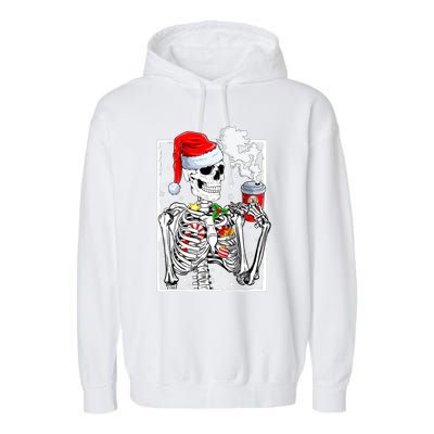 Christmas Skeleton With Smiling Skull Drinking Coffee Latte Garment-Dyed Fleece Hoodie