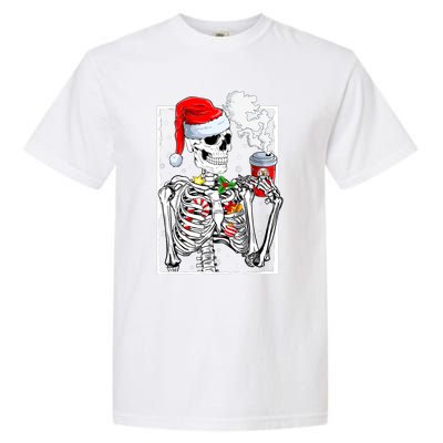 Christmas Skeleton With Smiling Skull Drinking Coffee Latte Garment-Dyed Heavyweight T-Shirt