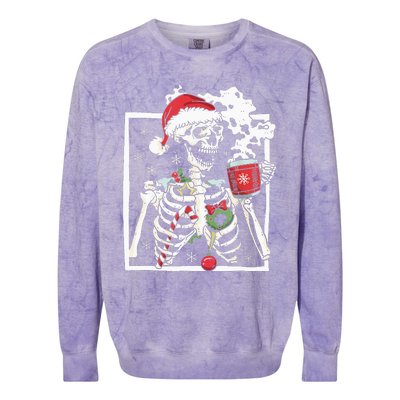 Christmas Skeleton With Smiling Skull Drinking Coffee Latte Colorblast Crewneck Sweatshirt