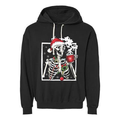 Christmas Skeleton With Smiling Skull Drinking Coffee Latte Garment-Dyed Fleece Hoodie