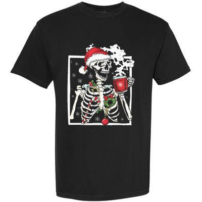 Christmas Skeleton With Smiling Skull Drinking Coffee Latte Garment-Dyed Heavyweight T-Shirt