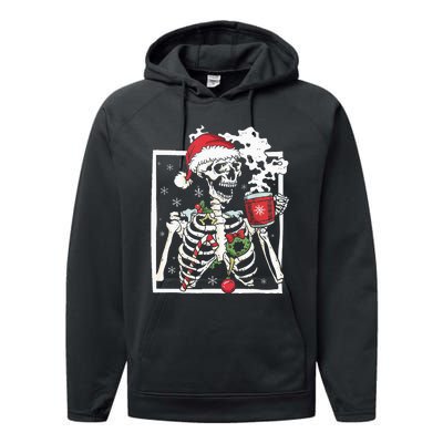 Christmas Skeleton With Smiling Skull Drinking Coffee Latte Performance Fleece Hoodie