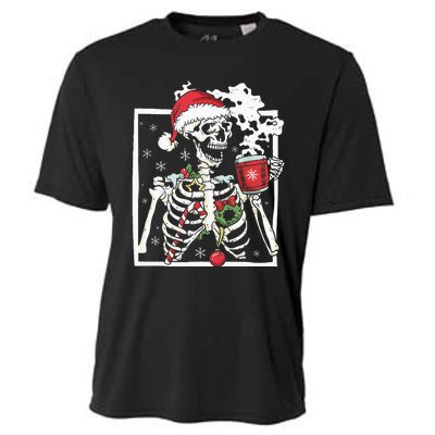 Christmas Skeleton With Smiling Skull Drinking Coffee Latte Cooling Performance Crew T-Shirt