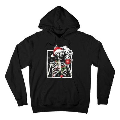 Christmas Skeleton With Smiling Skull Drinking Coffee Latte Hoodie