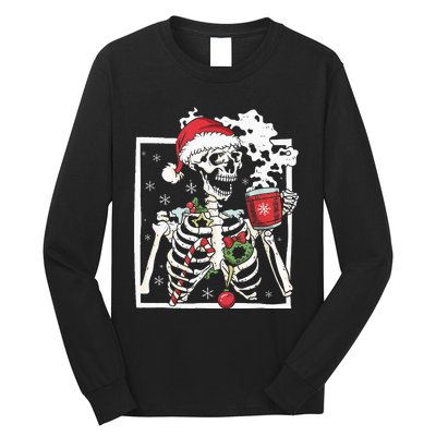 Christmas Skeleton With Smiling Skull Drinking Coffee Latte Long Sleeve Shirt