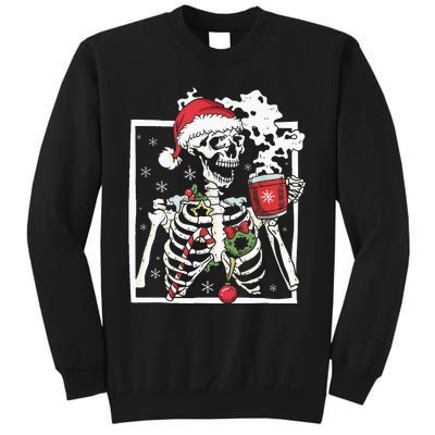 Christmas Skeleton With Smiling Skull Drinking Coffee Latte Sweatshirt