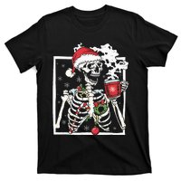 Christmas Skeleton With Smiling Skull Drinking Coffee Latte T-Shirt