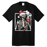 Christmas Skeleton With Smiling Skull Drinking Coffee Latte Tall T-Shirt